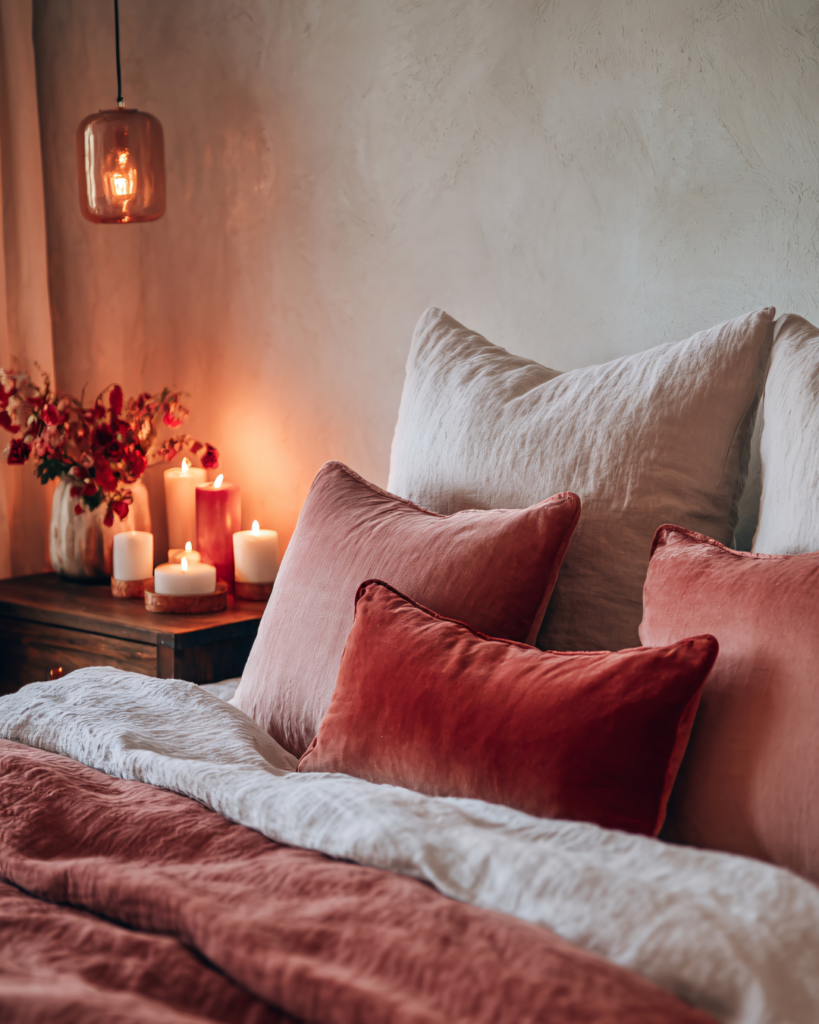 Bäddad säng med tända ljus i en lugn kvällsmiljö
